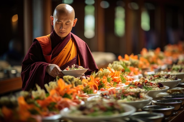 仏教の寺院では,崇拝者は敬意の行為として食べ物を提供します. 果物と花の配置.