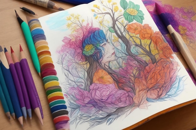 스케치북 과 연필 을 들고 다채로운 걸작 을 만드는 신흥 예술가
