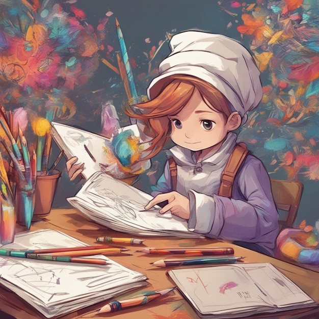 A budding artist with a sketchbook and pencils creating colorful masterpieces