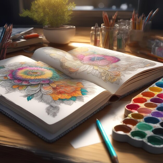 A budding artist with a sketchbook and pencils creating colorful