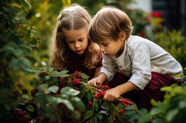 Budding Explorers Curious Siblings Harvesting Delicious Berries from Garden Shrubs 32 AR