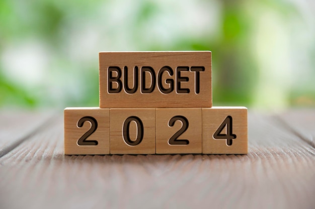 Budget 2024 text on wooded blocks with blurred nature background Yearly concept