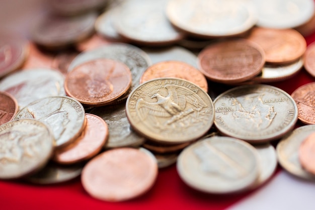 Photo budget, finance, crisis and national currency concept - close up of american coins or money