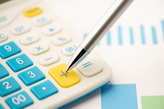 Budget and Finance. Document graphs and business reports with calculator