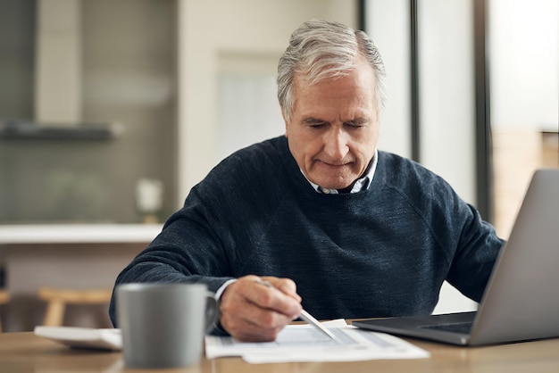 budget financial plan and old man with laptop paperwork and checking retirement insurance