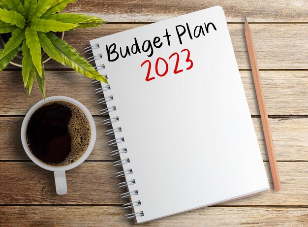 Budget plan 2023 text on blank notebook