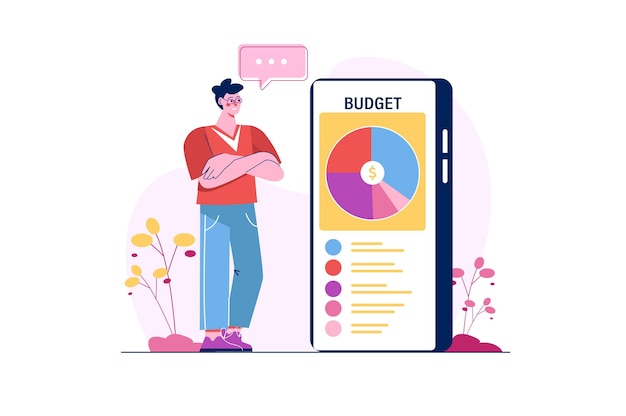 Photo budget planning concept with people scene in the flat cartoon design