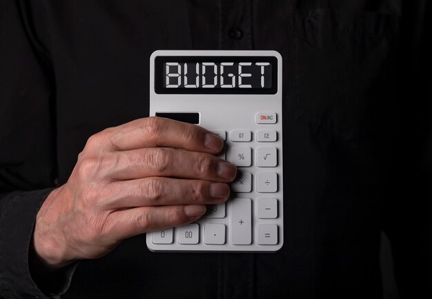 Budget word on calculator with dollars money photo