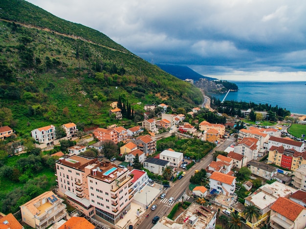 Budva in montenegro new town aerial photography