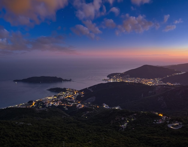 Budva riviera night coastline Montenegro Balkans Adriatic sea