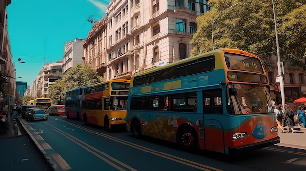 Buenos Aires street with city bus and passengers on the central street of the city Generative Ai