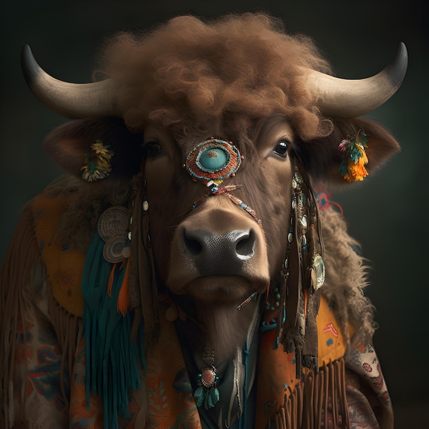 buffalo in boho bohemian medieval hippie outfit with beads surreal