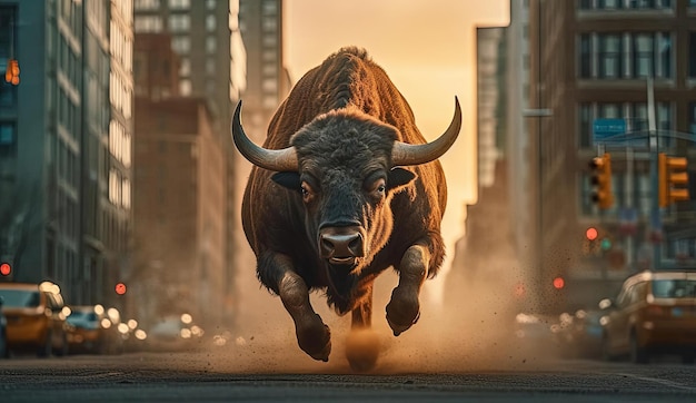 象徴的なポップカルチャーのスタイルで街を走るバッファローの雄牛