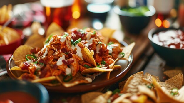 Foto nachos di pollo di bufalo contro un tavolo di legno