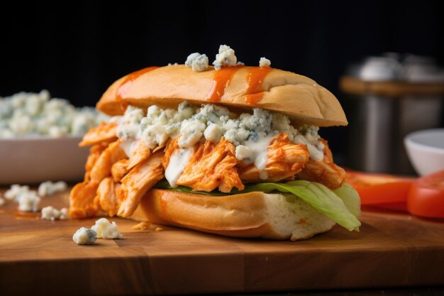 Photo buffalo chicken sandwich topped with blue cheese