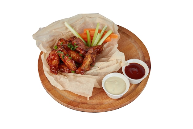 Buffalo chicken wings on plate with sauce, carrots, and celery