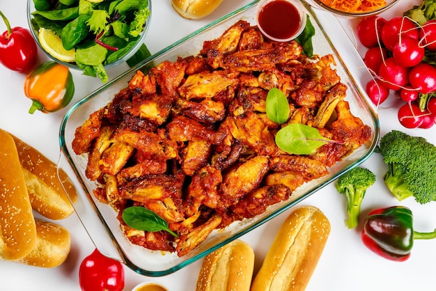 Buffalo chicken wings with dip sauce and vegetable salad