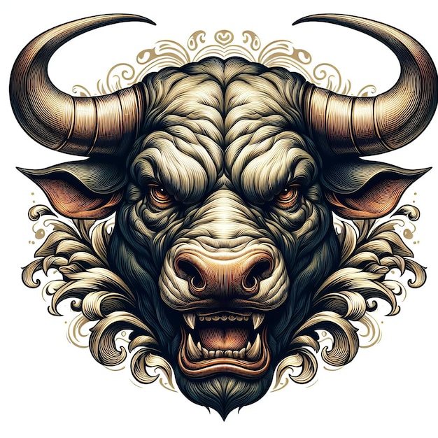 Buffalo head with horns and grunge ornament Vector illustration Bull isolated on white background