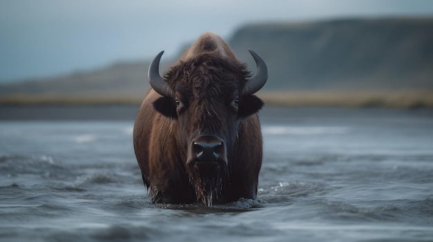 A buffalo in a lake with mountains in the background