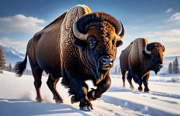 Buffalo loopt op de achtergrond spoor woestijn natuur dieren in het wild en sneeuw