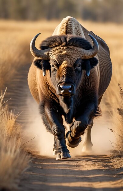 Buffalo loopt op de achtergrond spoor woestijn natuur dieren in het wild en sneeuw