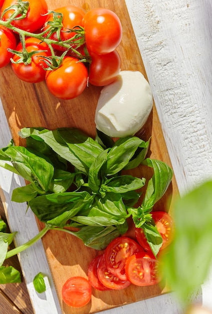 Buffalo mozzarella cheese with cherry tomatoes, green basil leaves, on a rustic texture background