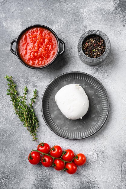 Buffalo mozzarella set on gray stone table background top view flat lay