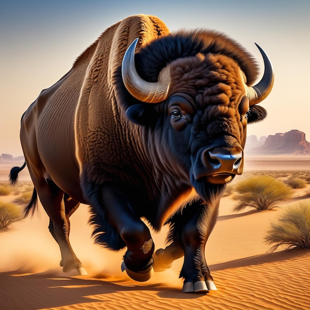 Buffalo running on background track desert nature wildlife and snow