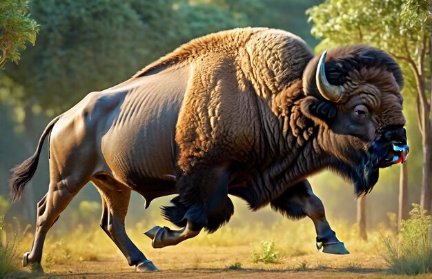 Foto buffalo in corsa sulla pista sullo sfondo natura del deserto fauna selvatica e neve