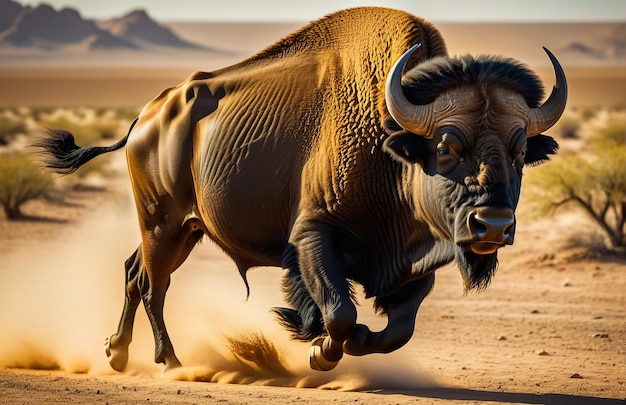 Buffalo running on background track desert nature wildlife and snow