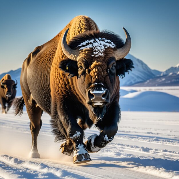 Foto buffalo in corsa sulla pista sullo sfondo natura del deserto fauna selvatica e neve