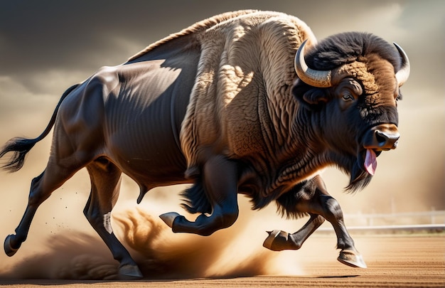 Buffalo running on background track desert nature wildlife and snow