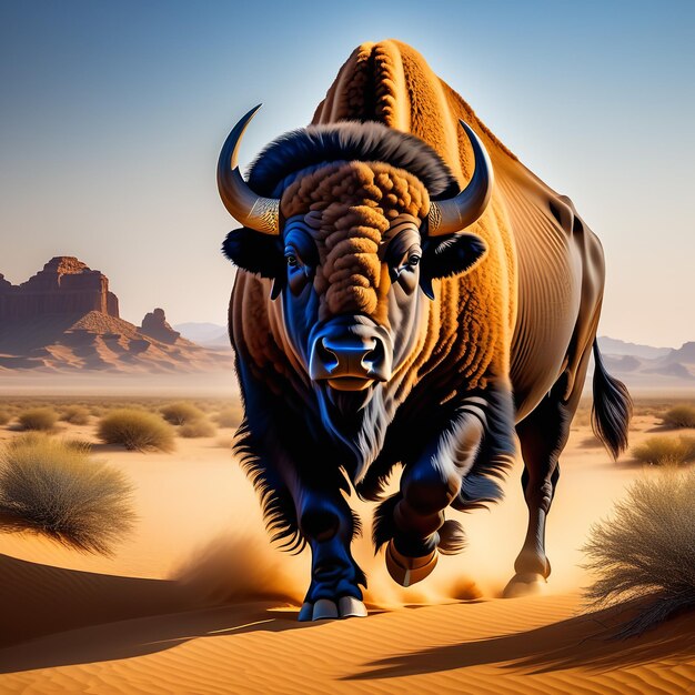 Buffalo running on background track desert nature wildlife and snow