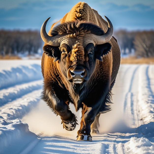 Буффало бежит на фоне пустынной природы дикой природы и снега