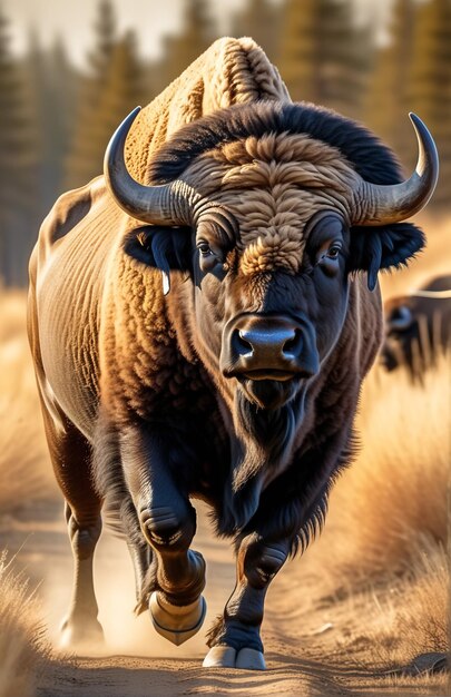 Buffalo running on background track desert nature wildlife and snow