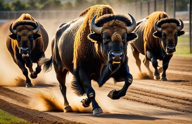 Buffalo running on background track desert nature wildlife and snow