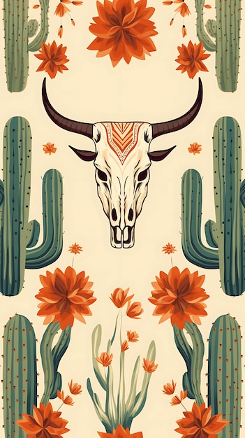 Foto illustrazione disegnata a mano del teschio di bufalo e del cactus modello senza cuciture illustratore con stampa wild west