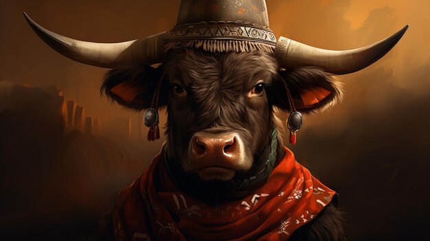 Photo a buffalo in small cowboy hat and bandana wallpaper