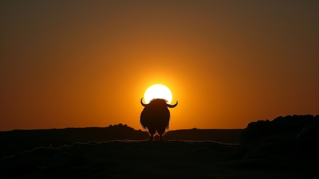 Photo a buffalo stands in front of a sun setting in the background
