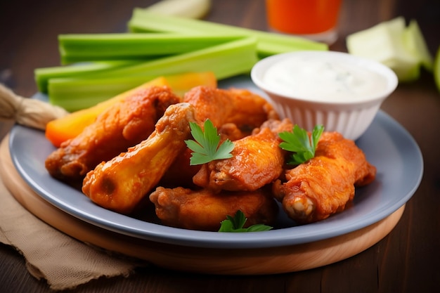 Buffalo Wings A plate of chicken wings with a side of ranch dressing