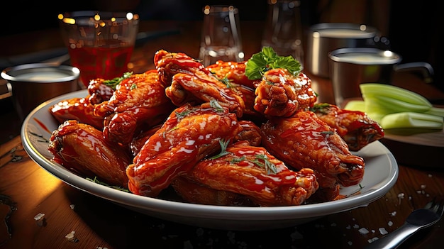 Photo buffalo wings with melted hot sauce on a wooden table with a blurred background