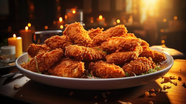 Buffalo wings with melted hot sauce on a wooden table with a blurred background