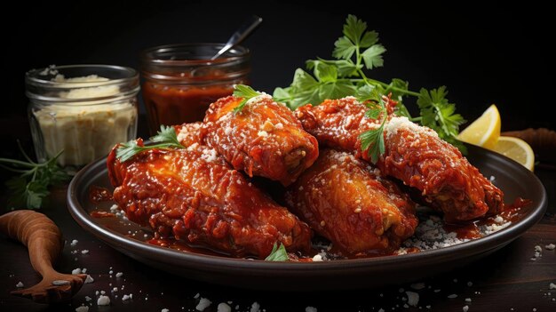 Photo buffalo wings with melted hot sauce on a wooden table with a blurred background