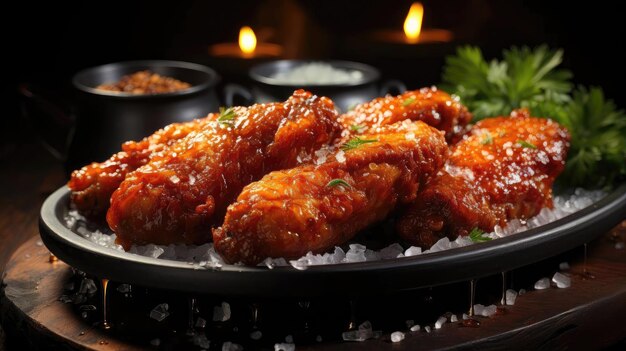 Photo buffalo wings with melted hot sauce on a wooden table with a blurred background