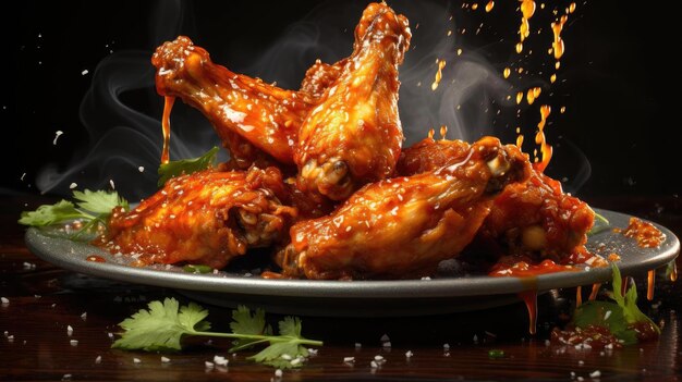 Buffalo wings with melted hot sauce on a wooden table with a blurred background