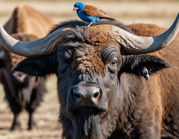 Photo a buffalo with a bird on his head is sitting on top of his head