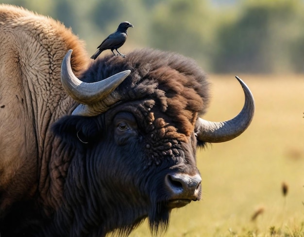 Photo a buffalo with a bird on its head and a bird on the head