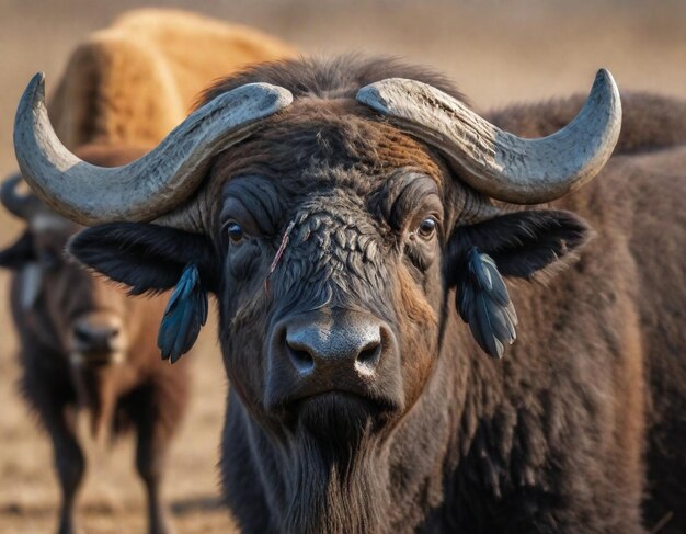 a buffalo with horns that has a tag on its ear