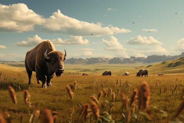 Buffaloes grazing in fields