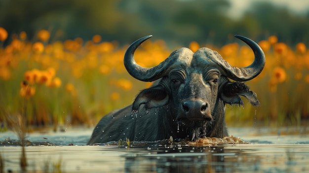 Buffels ondergedompeld in rustig water